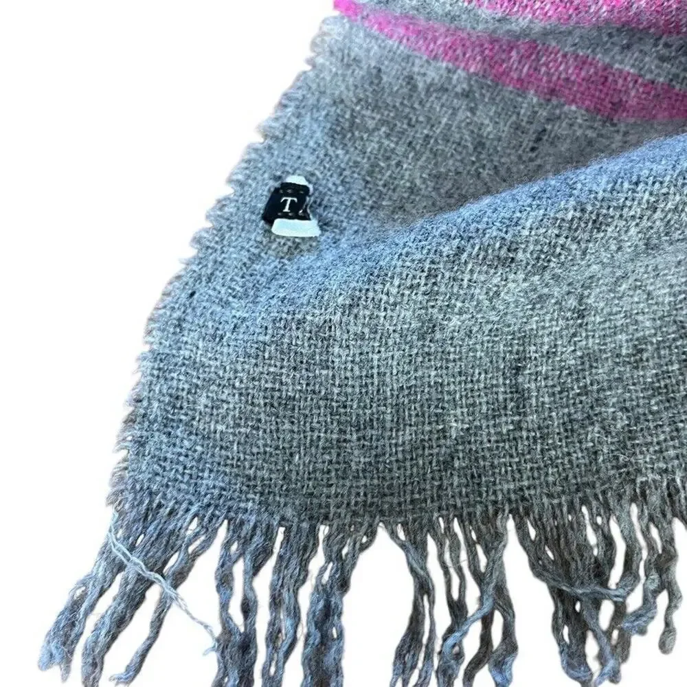 Talbots Womens Gray Pink Green Plaid Wool Fringe Scarf Wrap Warm Winter 54x58